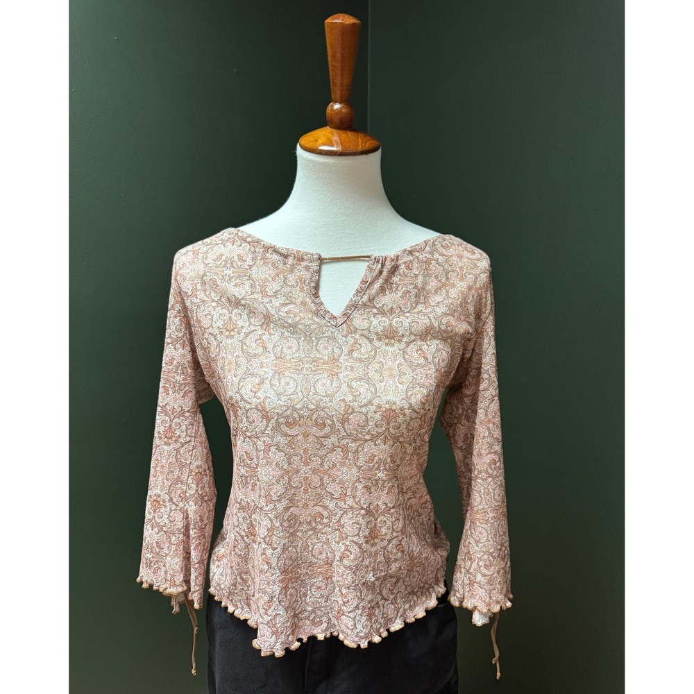 Vintage Xhilaration Paisley Bell Sleeve Keyhole Top Ruffle Hem Blouse Women's M